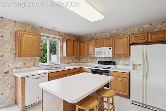 10074 Pond View Trl, Holly, MI 48442 - kitchen with white appliances, a kitchen island, a breakfast bar area, light countertops, and wallpapered walls