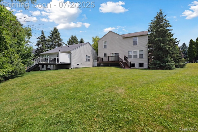 10074 Pond View Trl, Holly, MI 48442 - back of property with stairs, a wooden deck, and a lawn