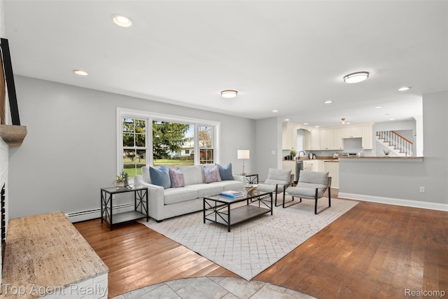 1593 Parke St, Rochester Hills, MI 48307 - living room featuring baseboard heating, recessed lighting, dark wood-style flooring, and stairs
