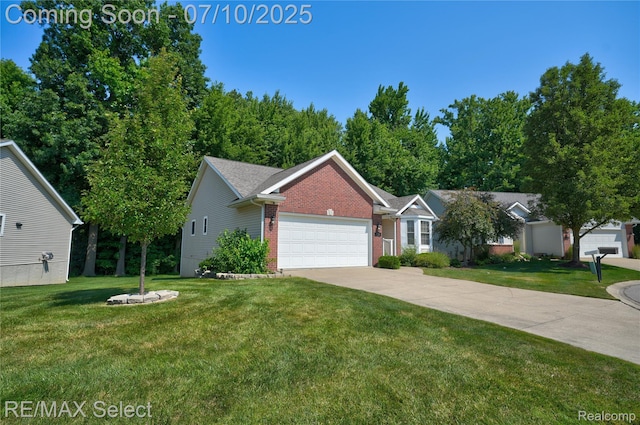 1211 Creek View Ct, Burton, MI 48509 - ranch-style home with a garage, brick siding, a front lawn, and driveway
