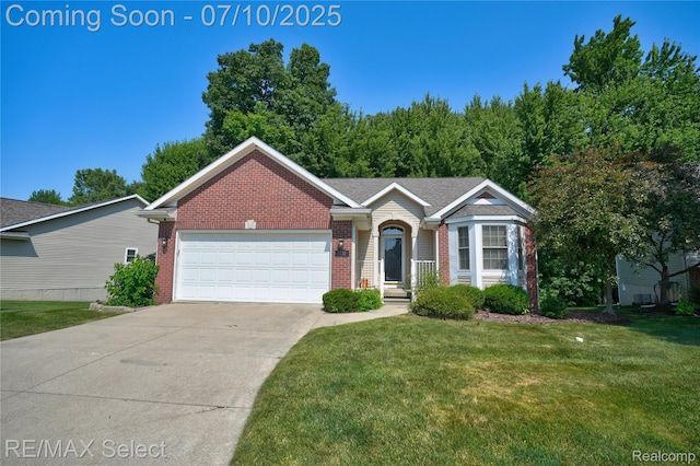 1211 Creek View Ct, Burton, MI 48509 - ranch-style home with brick siding, an attached garage, a front lawn, and concrete driveway