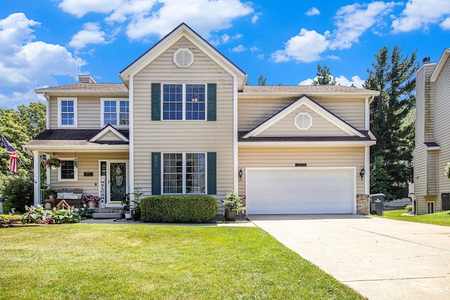 4673 Chasemoor Dr, Portage, MI 49024 - traditional home featuring driveway, a front yard, a shingled roof, an attached garage, and covered porch