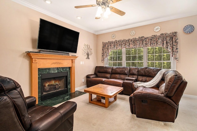 4673 Chasemoor Dr, Portage, MI 49024 - living room featuring ceiling fan, crown molding, and a high end fireplace