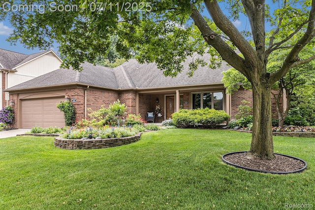 5131 Standish Dr, Troy, MI 48085 - ranch-style home with brick siding, a garage, a front yard, and a shingled roof