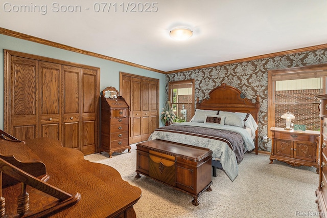 5131 Standish Dr, Troy, MI 48085 - bedroom with light colored carpet, multiple closets, wallpapered walls, and ornamental molding