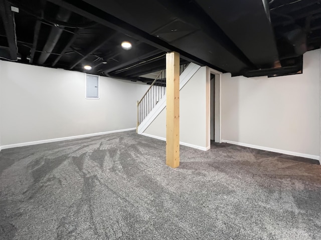 20283 Lancaster St, Harper Woods, MI 48225 - finished below grade area featuring electric panel, carpet floors, and stairs
