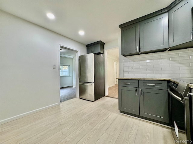 4915 Clarkston Rd, Clarkston, MI 48348 - kitchen featuring appliances with stainless steel finishes, tasteful backsplash, light wood-style flooring, recessed lighting, and light stone counters