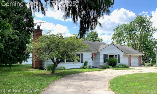 6201 S Main St, Clarkston, MI 48346 - ranch-style home featuring concrete driveway, a garage, a front yard, and a chimney