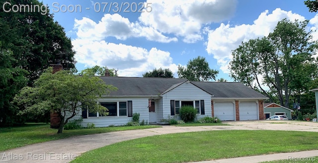 6201 S Main St, Clarkston, MI 48346 - ranch-style house with an attached garage, a front yard, driveway, and a chimney
