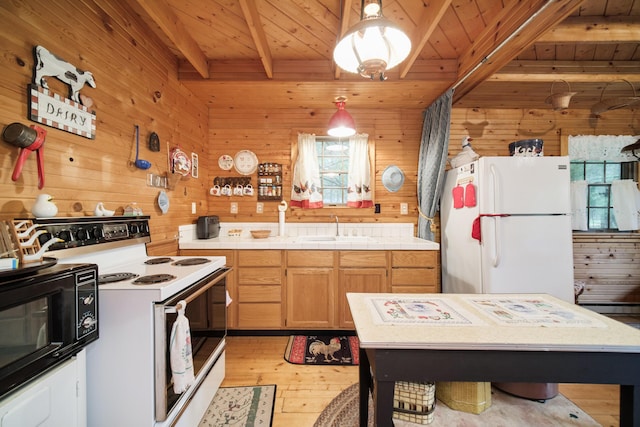 5680 E Shores Dr, Michigan, MI 49411 - kitchen with white appliances, wood walls, a wooden ceiling with exposed beams, light wood finished floors, and tile countertops