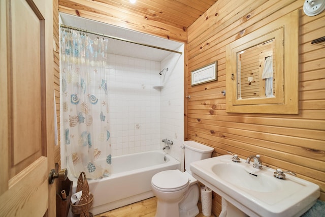 5680 E Shores Dr, Michigan, MI 49411 - full bathroom featuring shower / bath combo with shower curtain, wooden walls, wood ceiling, and wood finished floors