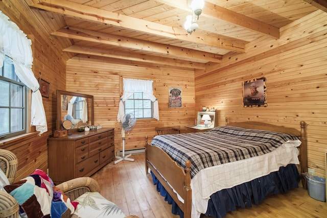 5680 E Shores Dr, Michigan, MI 49411 - bedroom with a wood ceiling with exposed beams, wooden walls, light wood finished floors, and a baseboard radiator