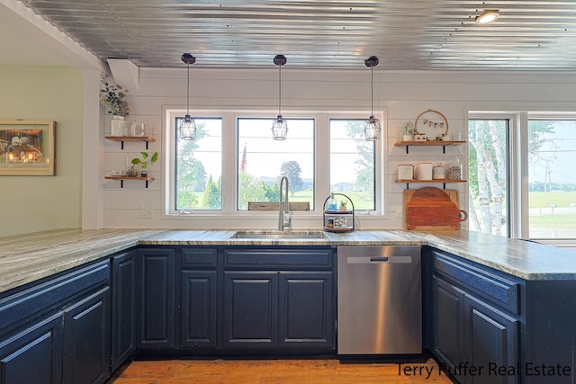 721 17 Mile Rd, Kent City, MI 49330 - kitchen featuring stainless steel dishwasher, open shelves, blue cabinets, a peninsula, and wooden ceiling