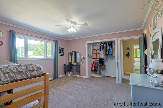 721 17 Mile Rd, Kent City, MI 49330 - bedroom featuring light carpet, crown molding, a closet, and ceiling fan