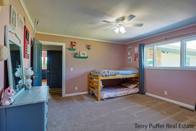721 17 Mile Rd, Kent City, MI 49330 - bedroom with ornamental molding, light colored carpet, and a ceiling fan