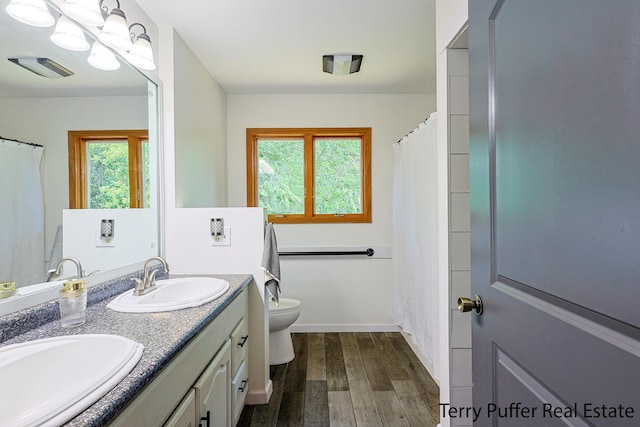 721 17 Mile Rd, Kent City, MI 49330 - bathroom featuring wood finished floors, double vanity, and a shower with curtain