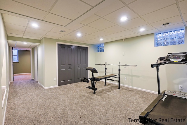 721 17 Mile Rd, Kent City, MI 49330 - exercise room featuring carpet, a drop ceiling, and recessed lighting