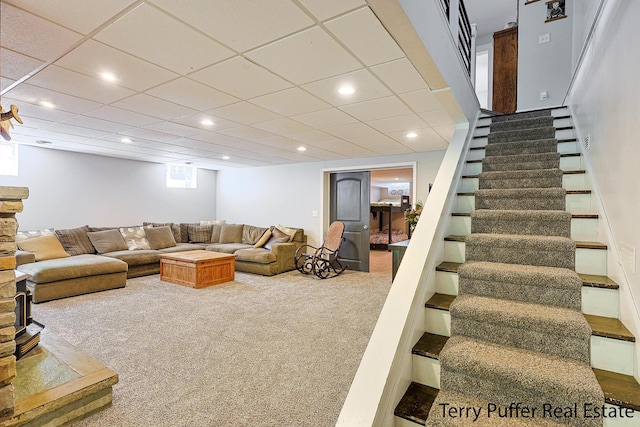 721 17 Mile Rd, Kent City, MI 49330 - carpeted living area with stairway and recessed lighting