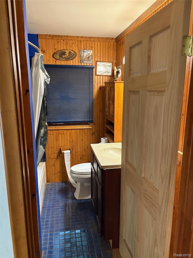 1185 E Hughes Lake Rd, Rose City, MI 48654 - bathroom featuring wood walls, vanity, and shower / tub combo