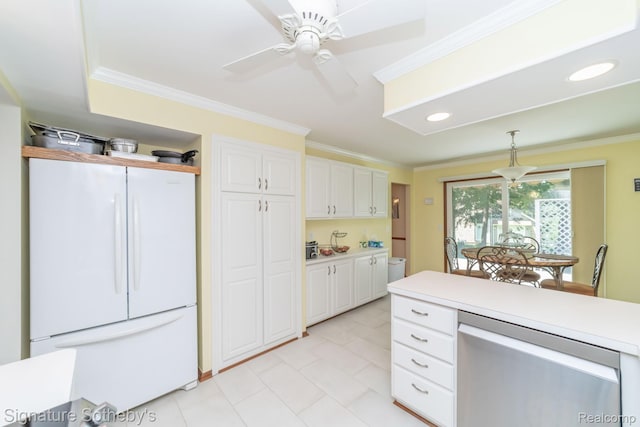 25759 Hunt Club Blvd, Farmington, MI 48335 - kitchen featuring freestanding refrigerator, stainless steel dishwasher, white cabinets, light countertops, and ornamental molding