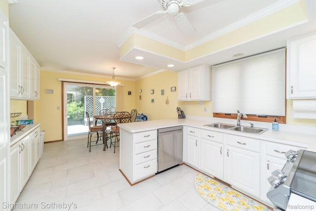 25759 Hunt Club Blvd, Farmington, MI 48335 - kitchen with stainless steel appliances, white cabinetry, ornamental molding, a peninsula, and light countertops