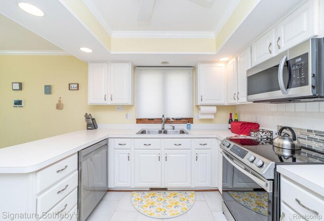 25759 Hunt Club Blvd, Farmington, MI 48335 - kitchen featuring stainless steel appliances, a peninsula, crown molding, a raised ceiling, and tasteful backsplash
