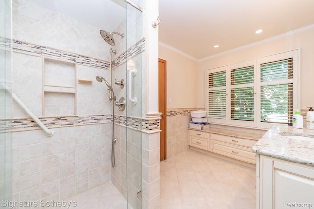 25759 Hunt Club Blvd, Farmington, MI 48335 - full bathroom with vanity, ornamental molding, a shower stall, tile walls, and tile patterned flooring