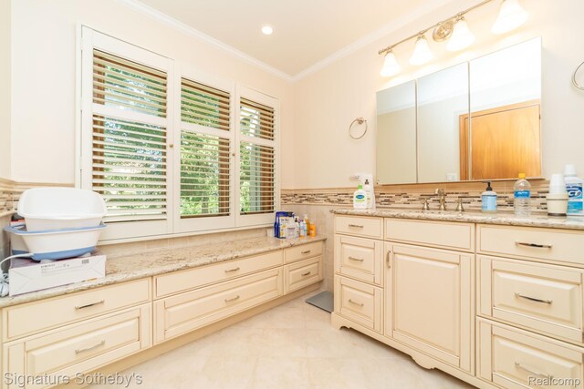 25759 Hunt Club Blvd, Farmington, MI 48335 - bathroom with vanity, crown molding, tile patterned flooring, tile walls, and a wainscoted wall