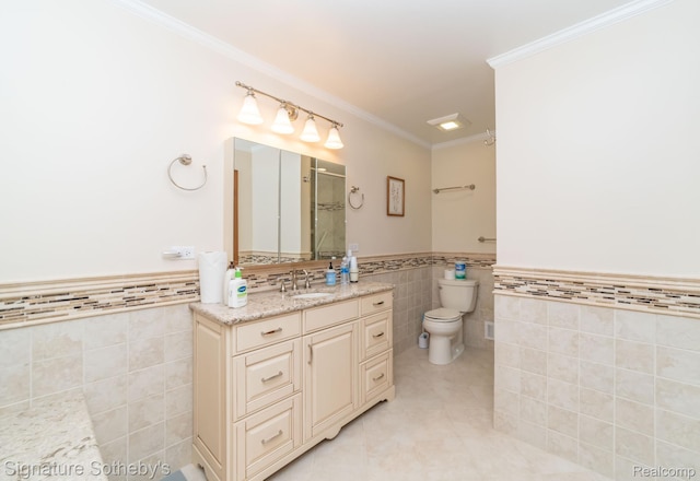25759 Hunt Club Blvd, Farmington, MI 48335 - full bath with tile walls, a wainscoted wall, vanity, tile patterned floors, and a shower