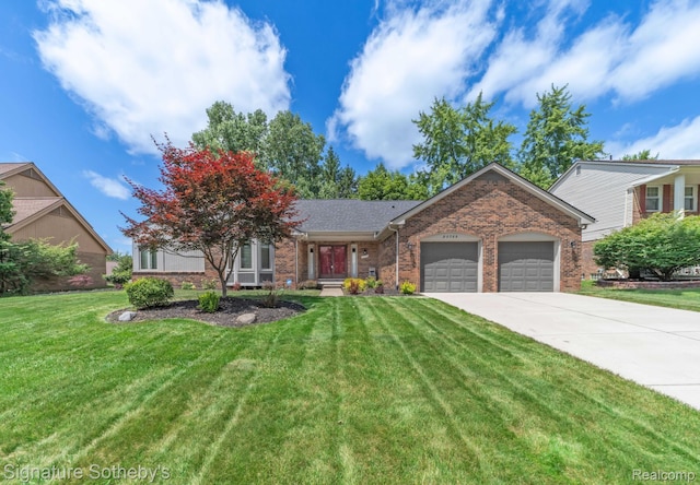 25759 Hunt Club Blvd, Farmington, MI 48335 - view of front of home featuring brick siding, an attached garage, a front yard, and concrete driveway