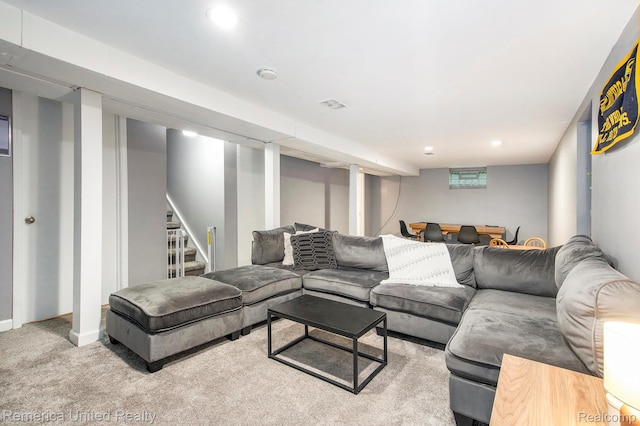 9309 Newburgh Rd, Livonia, MI 48150 - carpeted living room featuring stairway and recessed lighting
