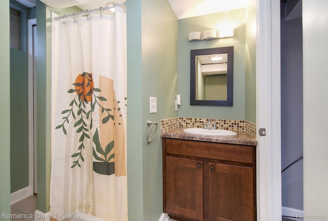 9309 Newburgh Rd, Livonia, MI 48150 - bathroom featuring vanity, backsplash, and a shower with curtain