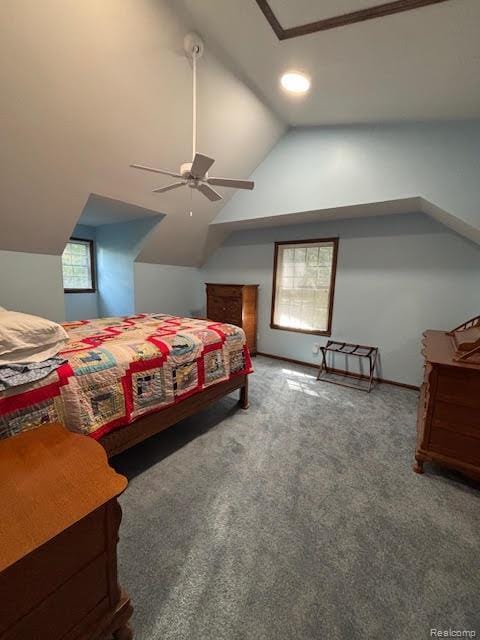 171 Golfview Dr, Caro, MI 48723 - carpeted bedroom with lofted ceiling and ceiling fan