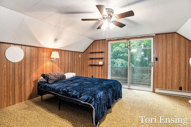4366 Woods Rd, Sidney, MI 48885 - carpeted bedroom with wood walls, access to exterior, lofted ceiling, baseboard heating, and a ceiling fan
