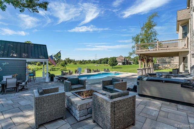 11068 Meadowview Dr, Goodrich, MI 48438 - view of patio / terrace with a fire pit, an outdoor pool, and outdoor dining area