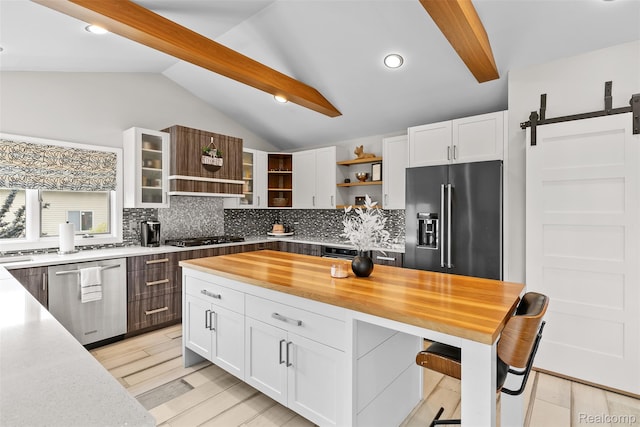 11068 Meadowview Dr, Goodrich, MI 48438 - kitchen featuring stainless steel appliances, open shelves, decorative backsplash, white cabinets, and recessed lighting