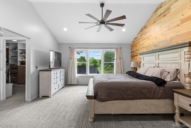 11068 Meadowview Dr, Goodrich, MI 48438 - bedroom with a spacious closet, wooden walls, light carpet, recessed lighting, and high vaulted ceiling