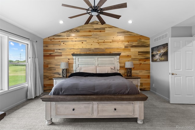 11068 Meadowview Dr, Goodrich, MI 48438 - bedroom featuring wooden walls, vaulted ceiling, light carpet, recessed lighting, and a ceiling fan