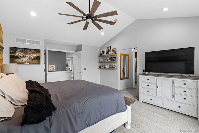 11068 Meadowview Dr, Goodrich, MI 48438 - bedroom featuring recessed lighting, ceiling fan, high vaulted ceiling, and light colored carpet