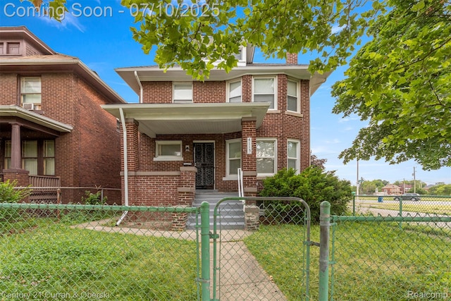 4115 Montgomery St, Detroit, MI 48204 - traditional style home with brick siding, a fenced front yard, a porch, a gate, and a chimney