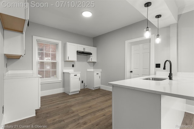 4115 Montgomery St, Detroit, MI 48204 - kitchen featuring under cabinet range hood, dark wood finished floors, and white cabinetry