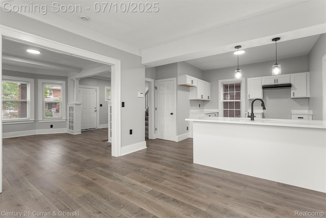 4115 Montgomery St, Detroit, MI 48204 - kitchen featuring white cabinetry, dark wood-style flooring, light countertops, hanging light fixtures, and under cabinet range hood