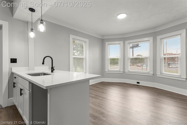 4115 Montgomery St, Detroit, MI 48204 - kitchen with dark wood finished floors, light countertops, pendant lighting, white cabinets, and a peninsula
