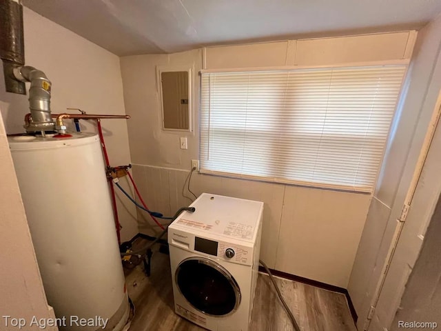 7511 Orchard Ave, Warren, MI 48091 - laundry room featuring water heater, electric panel, washer / clothes dryer, and wood finished floors