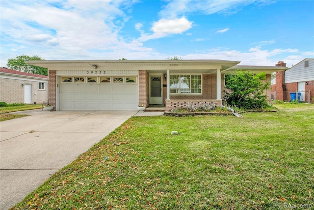 30232 Austin Dr, Warren, MI 48092 - ranch-style home with brick siding, a garage, driveway, a front lawn, and a porch