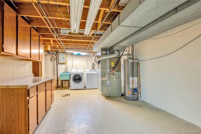 30232 Austin Dr, Warren, MI 48092 - below grade area featuring water heater, independent washer and dryer, heating unit, electric panel, and light floors