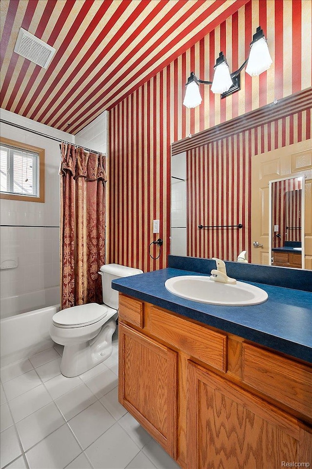 366 Marshall St, Ferndale, MI 48220 - bathroom with vanity, wallpapered walls, shower / bathtub combination with curtain, and tile patterned flooring