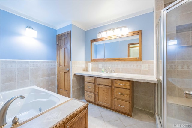 21128 Middlebelt Rd, New Boston, MI 48164 - bathroom with a jetted tub, vanity, crown molding, tile walls, and a shower stall