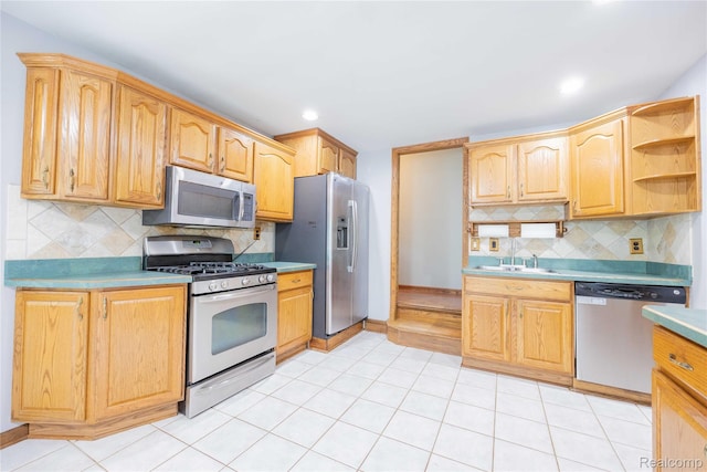 21128 Middlebelt Rd, New Boston, MI 48164 - kitchen with appliances with stainless steel finishes, open shelves, light countertops, backsplash, and recessed lighting