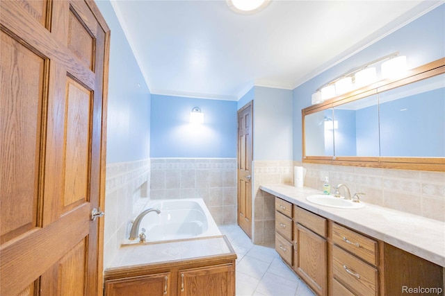 21128 Middlebelt Rd, New Boston, MI 48164 - full bathroom with vanity, a garden tub, tile patterned floors, and crown molding